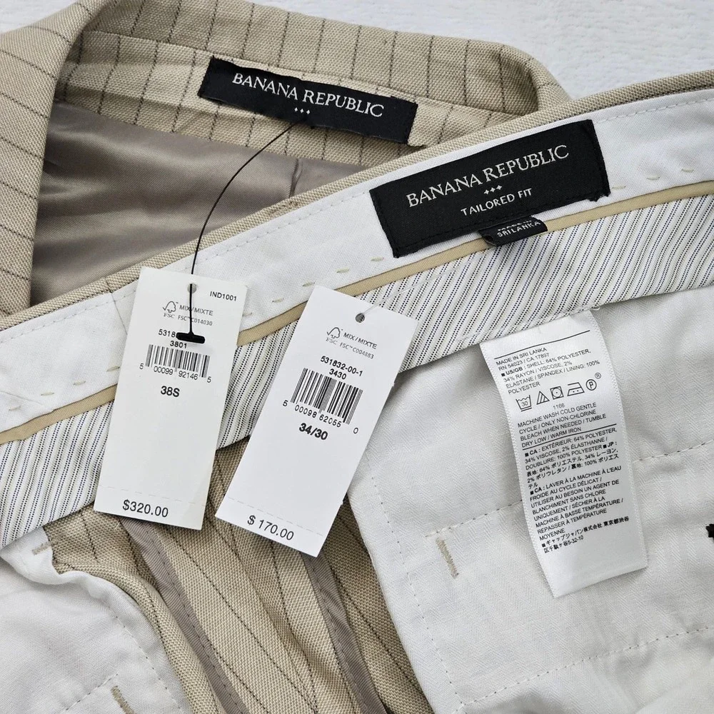 Banana Republic Suit Mens 38S 34x28 Beige Pinstripe Tailored Fit 2pc Wedding NEW